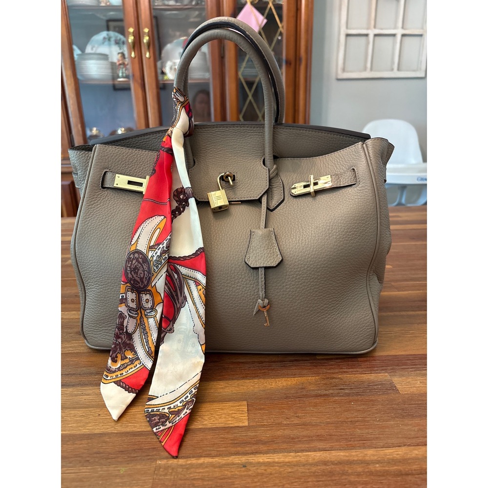 Hermes Birkin Style Satchel Women Large Taupe Good Leather Gold Hardware Scarf